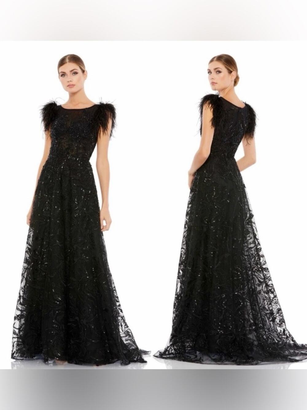 Mac Duggal 20296 Feathered Shoulder A-Line Dress Black - 14 - New with tags